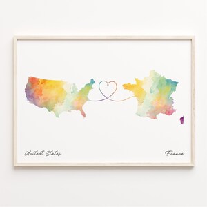 US to France Print, Aquarell Karte Poster, Französisches Geschenk, US Wandkunst, Studieren im Ausland, C 23-61