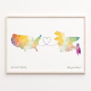 US to Bangladesh Print, Aquarell Karte Poster, Bangladesh Geschenk, US Wandkunst, Expatriate Geschenk, C23-14