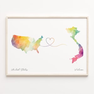 USA nach Vietnam Karte Poster, Aquarell Karte, Geschenk Vietnamesisch, US Wandkunst, Umzug ins Ausland, C23-195