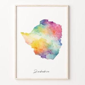 Zimbabwe Watercolor Map Print, Vibrant Zimbabwean Art Poster, ZW Colorful Country Wall Art, Gallery wall print, C26-199