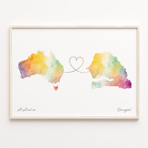 Australia to Senegal Print, Watercolor Map Poster, Saudi Gift, Travel Wall Art, Study Abroad Map, C23-954