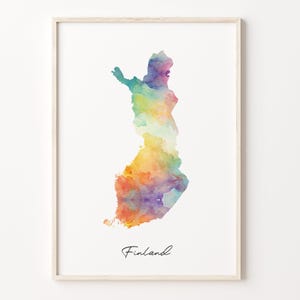 Impresión de mapa de acuarela de Finlandia, vibrante cartel de arte finlandés, arte colorido de la pared del país de FI, arte de la acuarela, C26-60