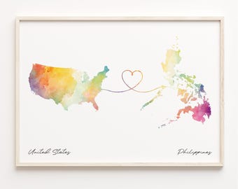 US to Philippines Print, Watercolor Map Poster, Filipino Gift, US Wall Art, Emigration, C23-145