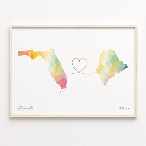 Print Florida naar Maine, aquarel kaartposter, cadeau Mainer, reizen muurkunst, kaart ver uit elkaar, C23-1320