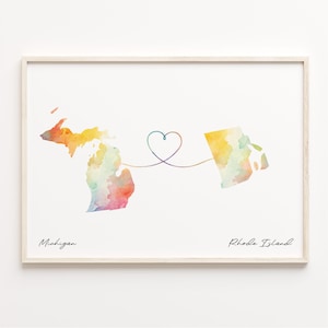 Michigan to Rhode Island Print, Watercolor Map Poster, Rhode Islander Gift, Travel Wall Art, Relationship Map, C23-1703