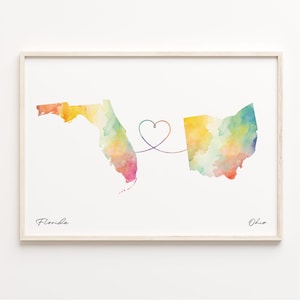 Florida naar Ohio print, aquarel kaart poster, Ohioan cadeau, reizen kunst aan de muur, emigratie cadeau, C23-1334