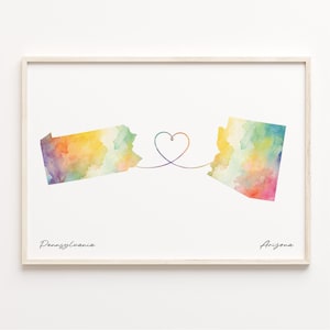 Pennsylvania to Arizona Print, Watercolor Map Poster, Arizonan Gift, Travel Wall Art, Borderless Love Gift, C23-1406
