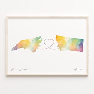 North Carolina bis Montana Druck, Aquarell Karte Poster, Montanan Geschenk, Reisewandkunst, Beziehungsgeschenk, C23-1637