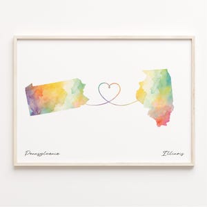 Pennsylvania to Illinois Print, Watercolor Map Poster, Illinoisan Gift, Travel Wall Art, Far Apart, C23-1417