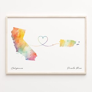 California to Puerto Rico Print, Watercolor Map Poster, Puerto Rican Gift, Travel Wall Art, Emigration, C23-1234