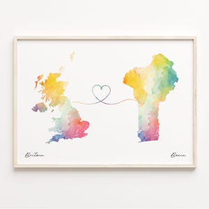 UK to Benin Druck, Aquarell Karte Poster, Benin Geschenk, Vereinigtes Königreich Wandkunst, randloses Liebesgeschenk, C23-218