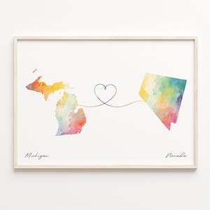 Impression du Michigan au Nevada, affiche de carte aquarelle, cadeau du Nevada, art mural voyage, cadeau d'émigration, C23-1696