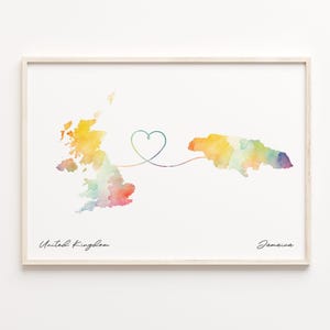 Impresión de Reino Unido a Jamaica, póster de mapa de acuarela, regalo jamaicano, arte mural de viaje, nómada digital, C23-1725