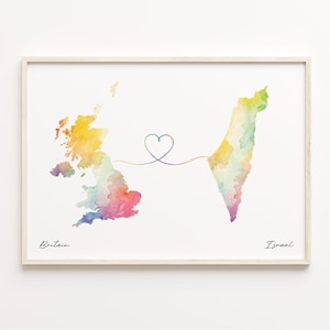 UK to Israel Print, Watercolor Map Poster, Israeli Gift, United Kingdom Wall Art, Dual Citizenship Map, C23-287