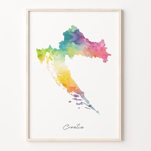 Kroatien Aquarell Karte Druck, lebendige kroatische Kunst Poster, HR Bunte Landwandkunst, Housewarminggeschenk, C26-43