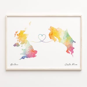 UK to Costa Rica Druck, Aquarell Karte Poster, Costa Rica Geschenk, Vereinigtes Königreich Wandkunst, Reise, C23-241