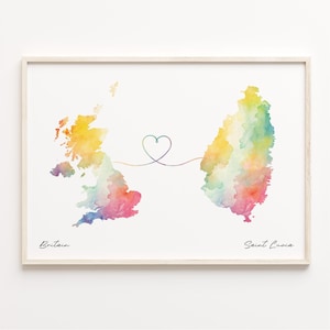 UK to St Lucia Print, Aquarell Karte Poster, St Lucian Geschenk, Großbritannien Wandkunst, Expat Geschenk, C23-353
