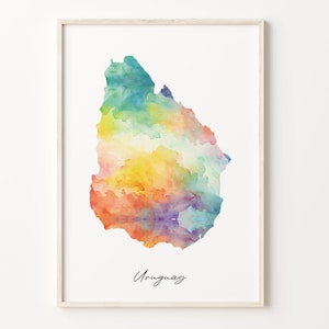 Impresión de mapa de acuarela de Uruguay, vibrante cartel de arte uruguayo, arte colorido de la pared del país de UY, regalo para el viajero, C26-191