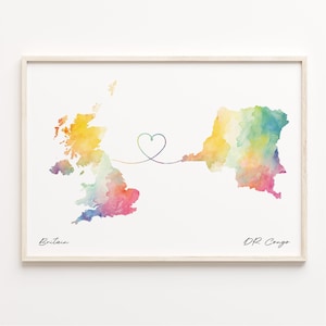UK DR Kongo Druck, Aquarell Karte Poster, Kongolese Geschenk, Vereinigtes Königreich Wandkunst, Beziehung, C23-250