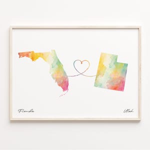 Print Florida naar Utah, aquarel kaart poster, Utahn cadeau, reizen muurkunst, kaart expat, C23-1344