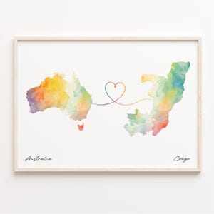 Impresión de Australia al Congo, póster con mapa en acuarela, regalo comorano, arte mural de viaje, regalo de viaje, C23-836