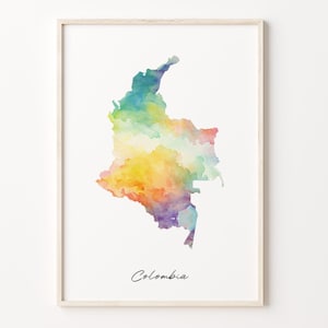 Impresión de mapa de acuarela de Colombia, cartel de arte colombiano vibrante, arte colorido de la pared del país de CO, regalo de geografía, C26-39
