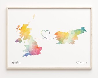 UK Slovenia Watercolor Map Print: Country Connection Art