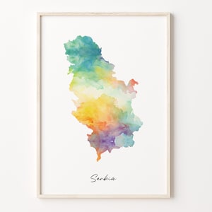 Serbien Aquarell Karte Druck, Lebendige Serbische Kunst Poster, Buntes Land, Wandkunst, C26-160