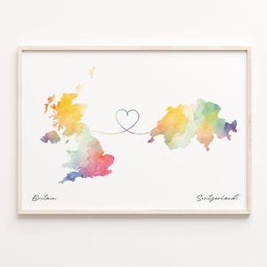 UK to Switzerland Print, Watercolor Map Poster, Swiss Gift, United Kingdom Wall Art, Digital Nomad Gift, C23-374