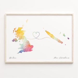 UK to Neukaledonien Druck, Aquarell Karte Poster, Neukaledonien Geschenk, Vereinigtes Königreich Wandkunst, Far Apart Karte, C23-330
