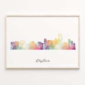 Daytona Skyline Print, Watercolor Cityscape, United States Wall Art Poster, Rainbow Skyline, City Poster, C29-416