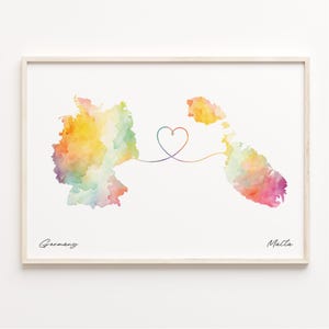 Germany to Malta Print, Watercolor Map Poster, Malian Gift, Travel Wall Art, Global Love Gift, C23-512