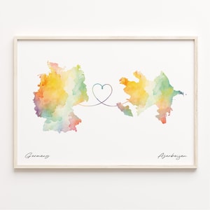 Impresión de Alemania a Azerbaiyán, póster de mapa de acuarela, regalo de Azerbaiyán, arte mural de viaje, expatriado, C23-409