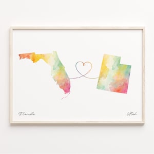 Print Florida naar Utah, aquarel kaart poster, Utahn cadeau, reizen muurkunst, kaart expat, C23-1344
