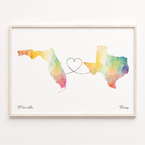 Print Florida naar Texas, aquarel kaart poster, Texaans cadeau, reizen muurkunst, expat cadeau, C23-1343