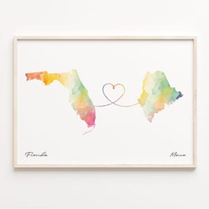 Print Florida naar Maine, aquarel kaartposter, cadeau Mainer, reizen muurkunst, kaart ver uit elkaar, C23-1320