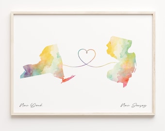 New York to New Jersey Watercolor Map Art Print
