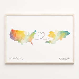 US to Kyrgyzstan Print, Watercolor Map Poster, Kyrgyz Gift, US Wall Art, Long Distance Map, C23-99
