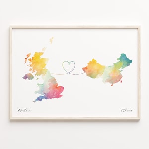 Großbritanien und China Druck, Aquarell Karte Poster, chinesisches Geschenk, Großbritanien Wandkunst, Neue Heimatkarte, C23-237
