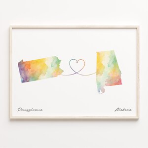 Impresión de Pensilvania a Alabama, póster de acuarela, regalo de Alabama, arte mural de viaje, mapa del amor global, C23-1404