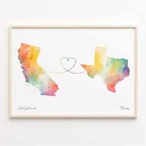 California to Texas Print, Aquarell Karte Poster, Texanisches Geschenk, Reisewandkunst, Freundschaftskarte, C23-1239