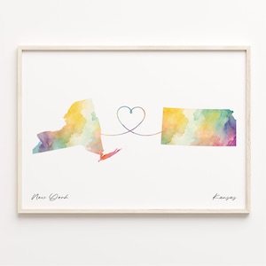 New York to Kansas Druck, Aquarell Karte Poster, Kansan Geschenk, Reisewandkunst, kulturelle Wurzeln Geschenk, C23-1367