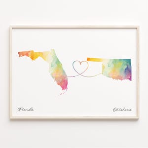 Florida naar Oklahoma print, aquarel kaart poster, Oklahoman cadeau, reizen kunst aan de muur, emigratiekaart, C23-1335