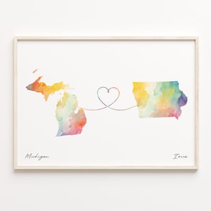 Michigan to Iowa Print, Watercolor Map Poster, Iowan Gift, Travel Wall Art, Faraway Love Gift, C23-1675