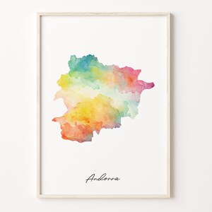 Impresión de mapa de acuarela de Andorra, cartel de arte andorrano vibrante, arte colorido de la pared del país AD, regalo de viaje único, C26-4
