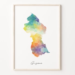 Guyana Aquarell Karte Druck, kräftiges Guyana Bild, GY Bunte Landkarte, einzigartiges Reisegeschenk, C 26-76