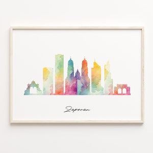 Zaporan Skyline Print, Watercolor Cityscape, Mexico Wall Art Poster, Rainbow Cityscape, Wall Art Kitchen, C29-27