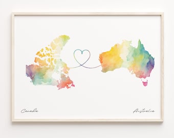 Canada Australia Print: Watercolor Map, Country Connection Art