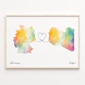 Germany to Libya Watercolor Map Print: Country Connection Art