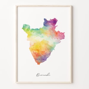 Impression de carte aquarelle du Burundi, affiche d'art burundais vibrante, art mural pays coloré BI, carte arc-en-ciel, C26-29
